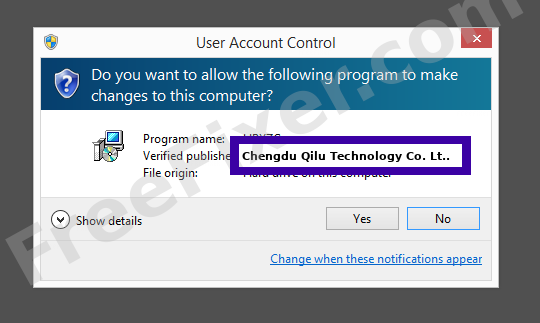 Screenshot where Chengdu Qilu Technology Co. Ltd. appears as the verified publisher in the UAC dialog